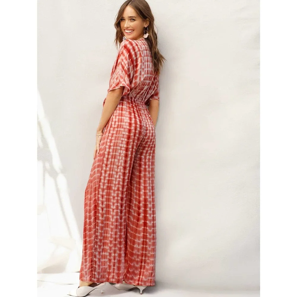 70s style Plunging Neck Knot Front Tie Dye Palazzo Jumpsuit orange - Picture 2 of 5